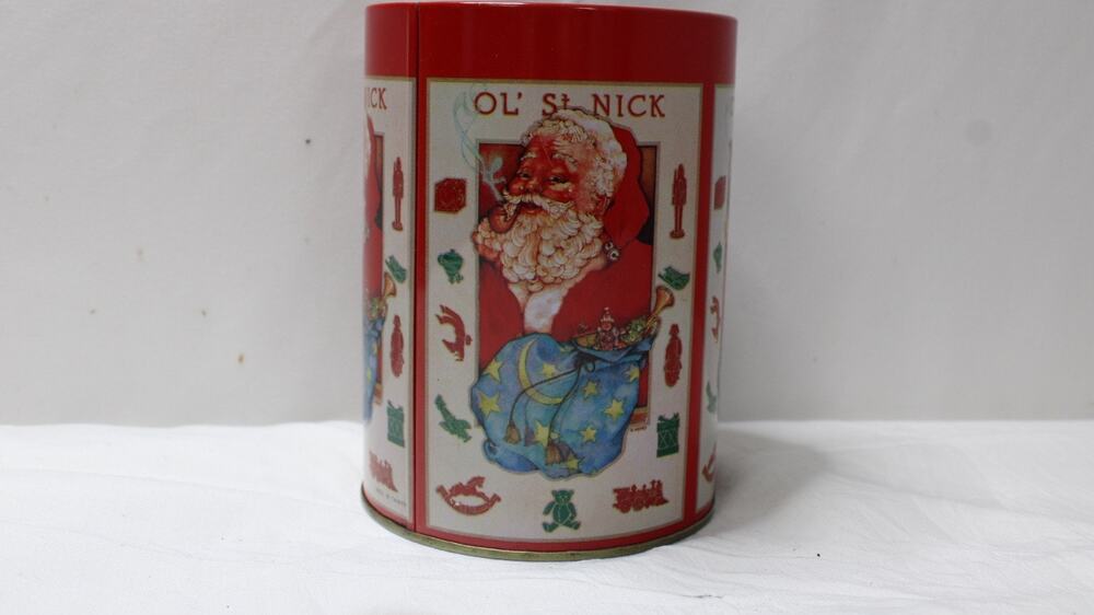 Vintage Ol St Nick Santa Christmas Metal Tin Cylinder Canister Holder No Lid